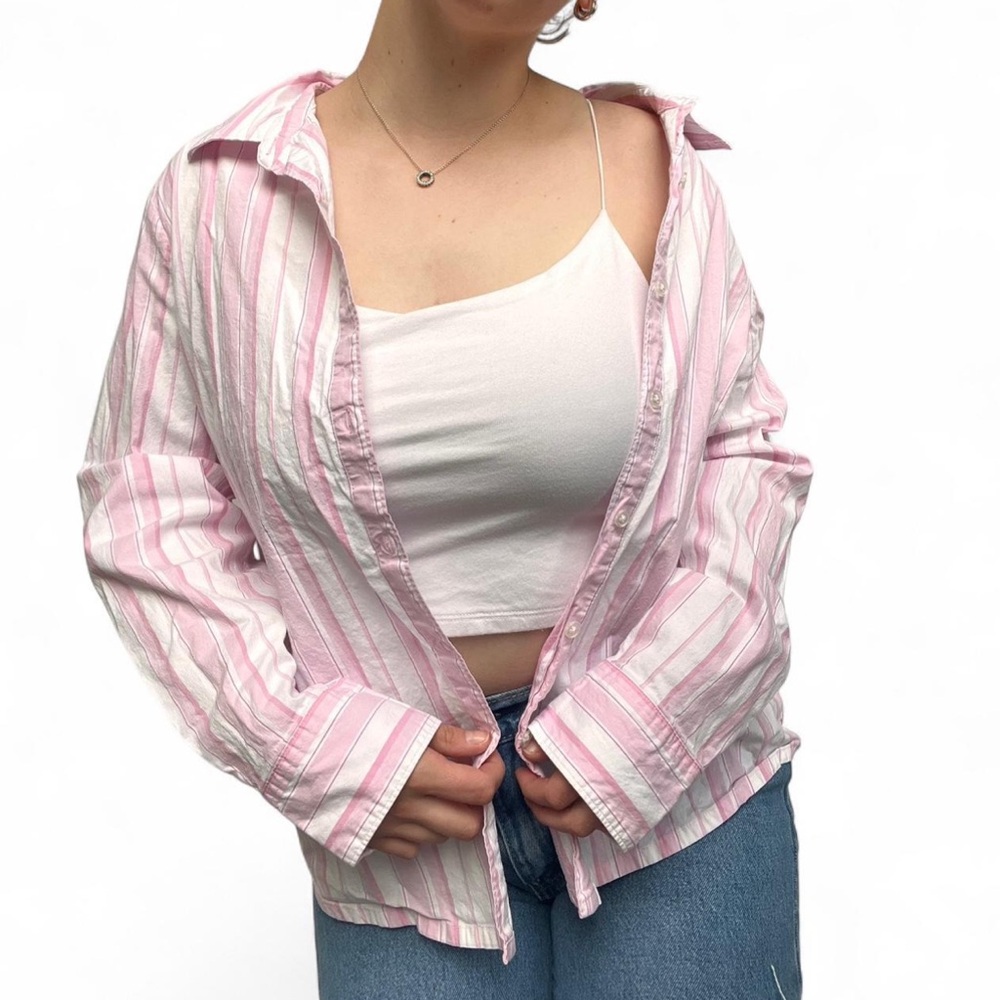 Denim&Co Pink and White Striped Button Down Shirt - Picture 2 of 6